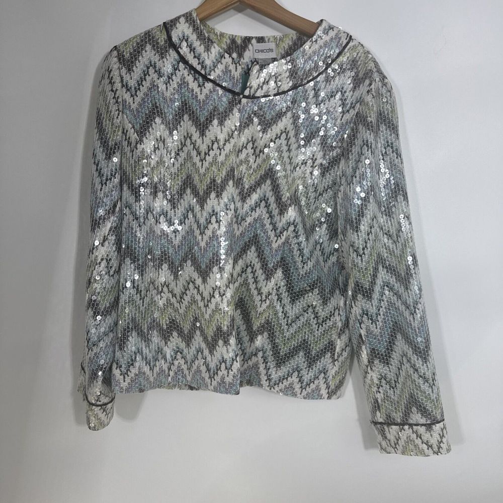 Chicos Sequin Chevron Zigzag Jacket Blue Green Metallic Evening Topper Size 2 L